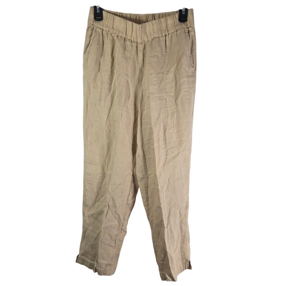 Haven women's tan linen pants side slit pull on elastic waist pockets Size small